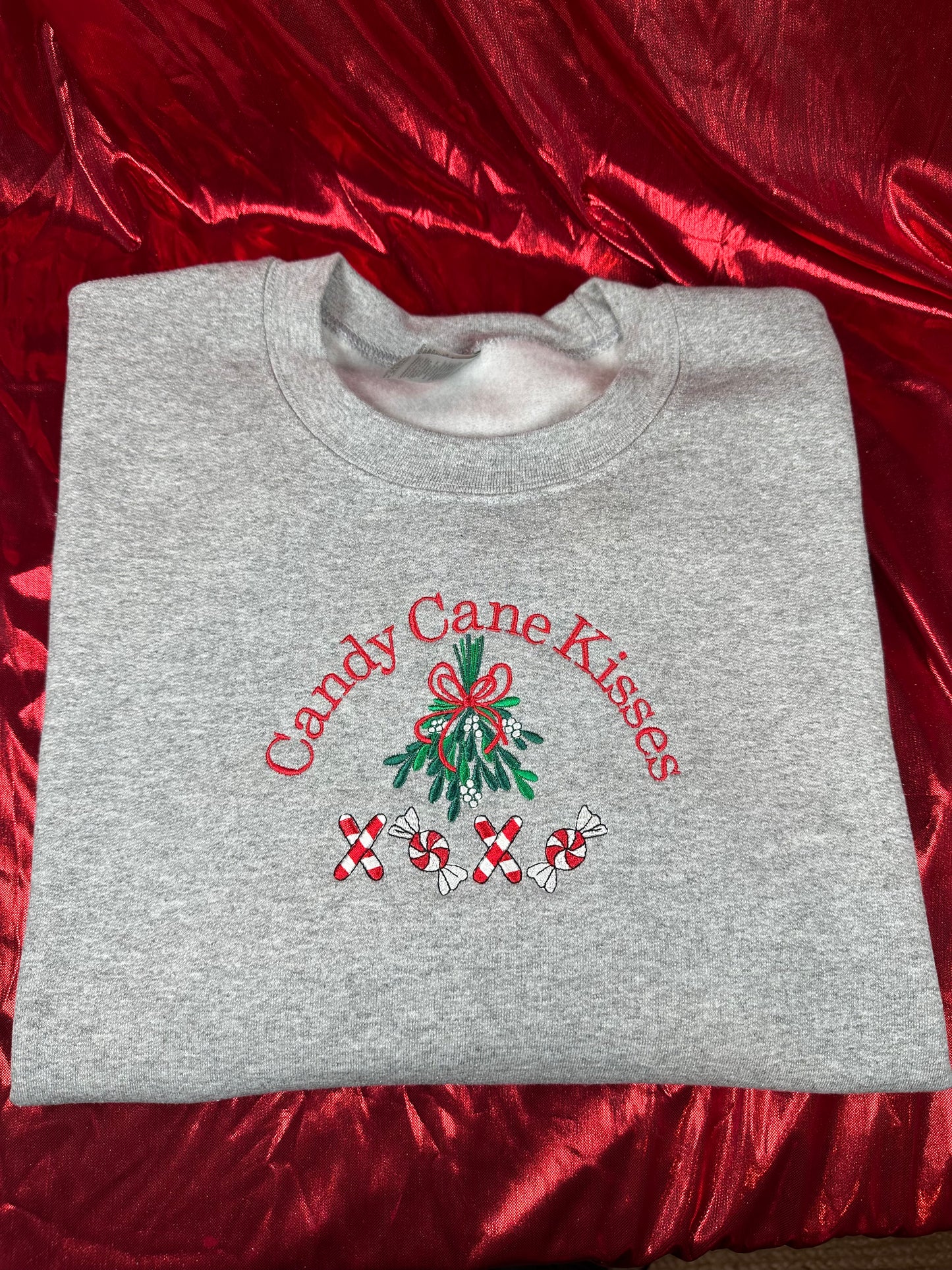 Candy Cane Kisses Embroidered Mistletoe Sweatshirt XOXO