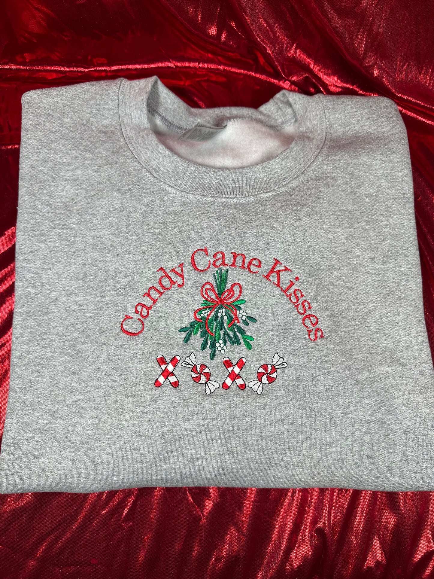 Candy Cane Kisses Embroidered Mistletoe Sweatshirt XOXO