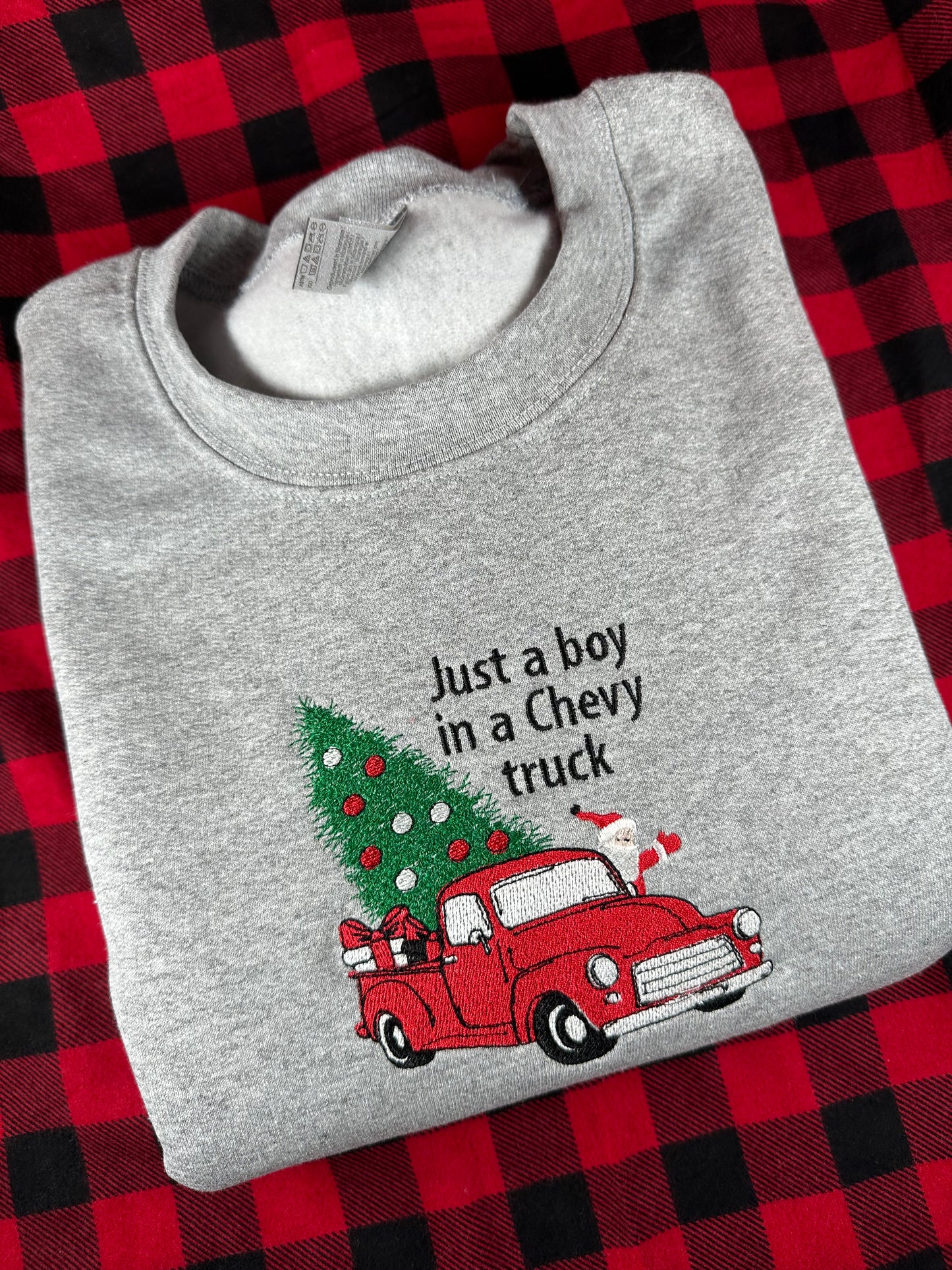 Embroidered Christmas Sweatshirt - Chevy Truck with Santa Hauling Christmas Tree