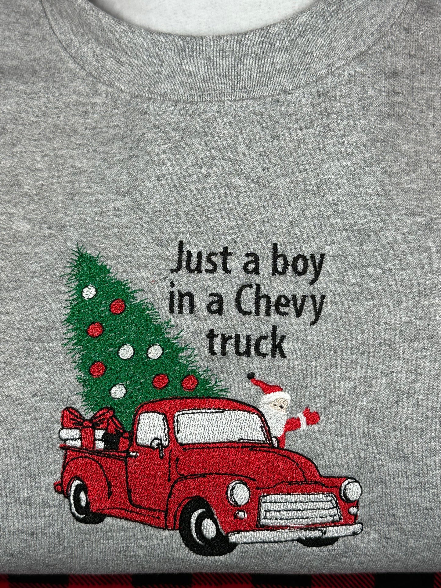 Embroidered Christmas Sweatshirt - Chevy Truck with Santa Hauling Christmas Tree