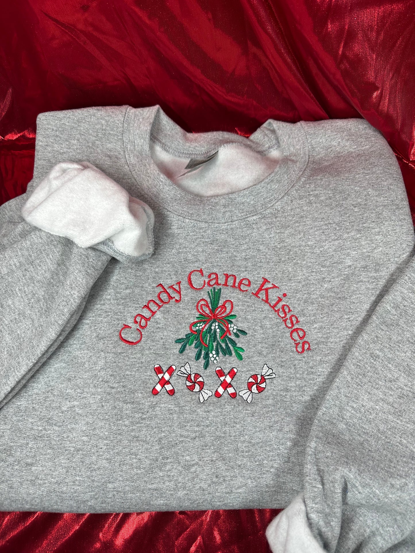 Candy Cane Kisses Embroidered Mistletoe Sweatshirt XOXO