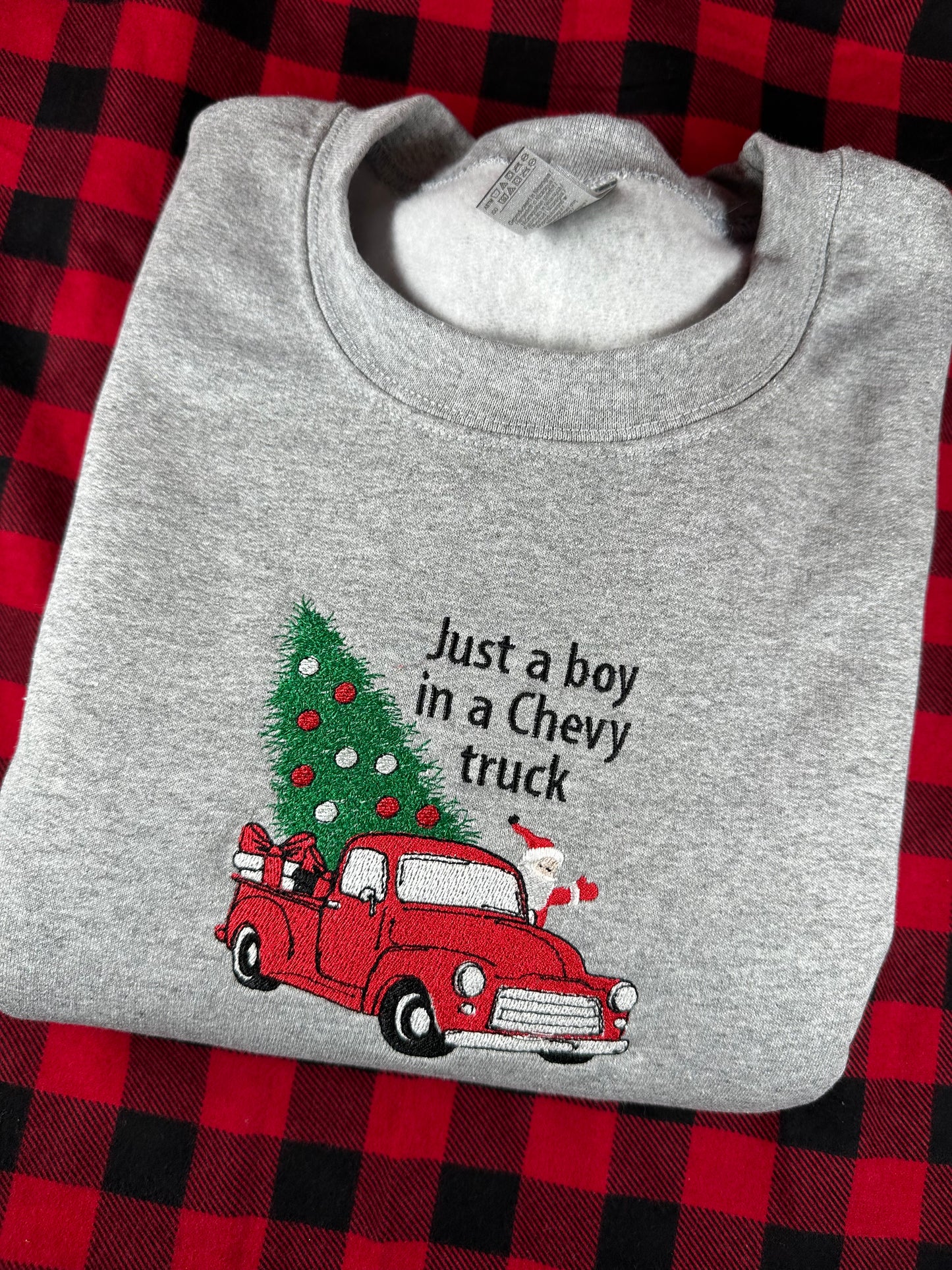 Embroidered Christmas Sweatshirt - Chevy Truck with Santa Hauling Christmas Tree