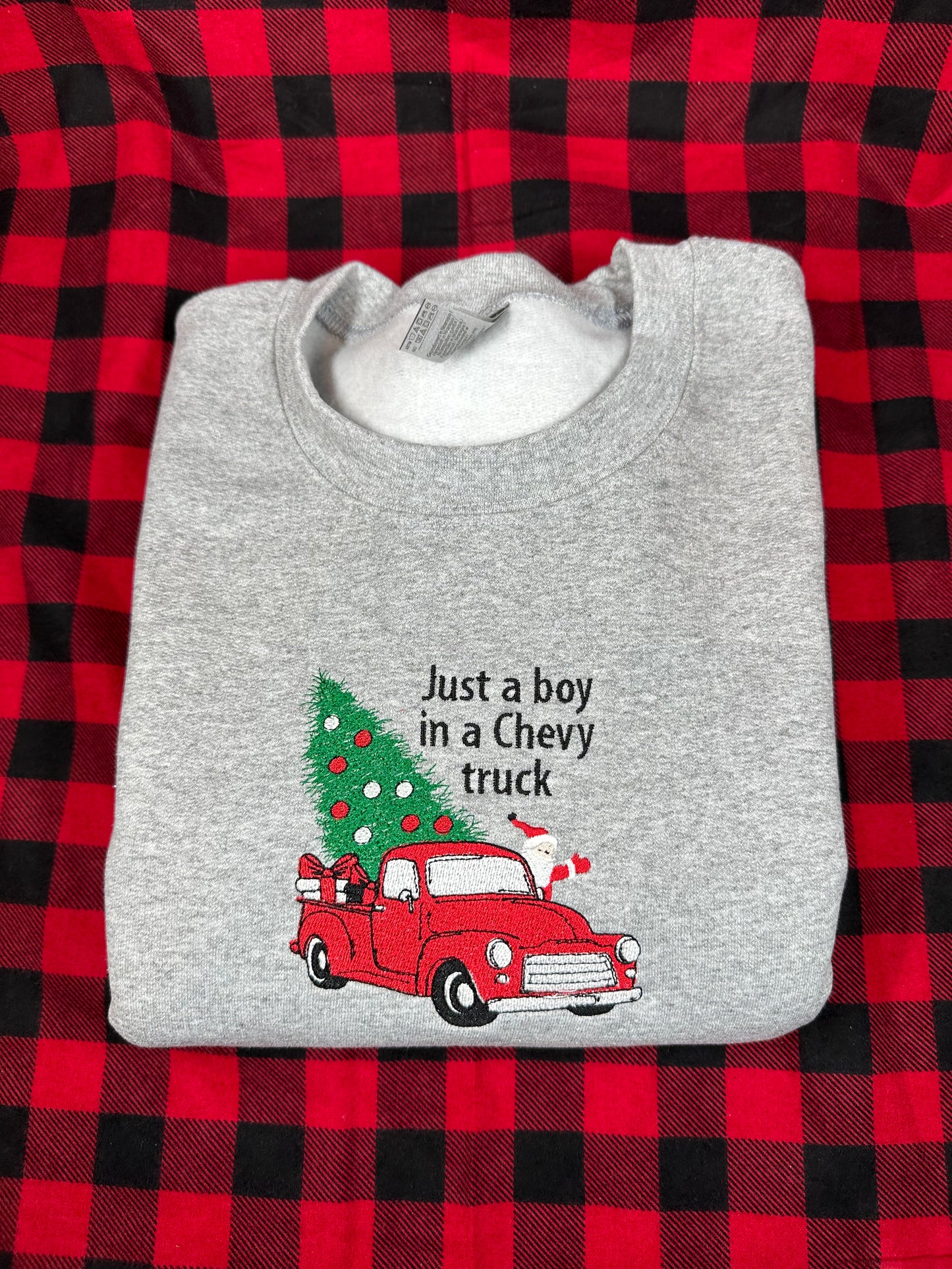 Embroidered Christmas Sweatshirt - Chevy Truck with Santa Hauling Christmas Tree