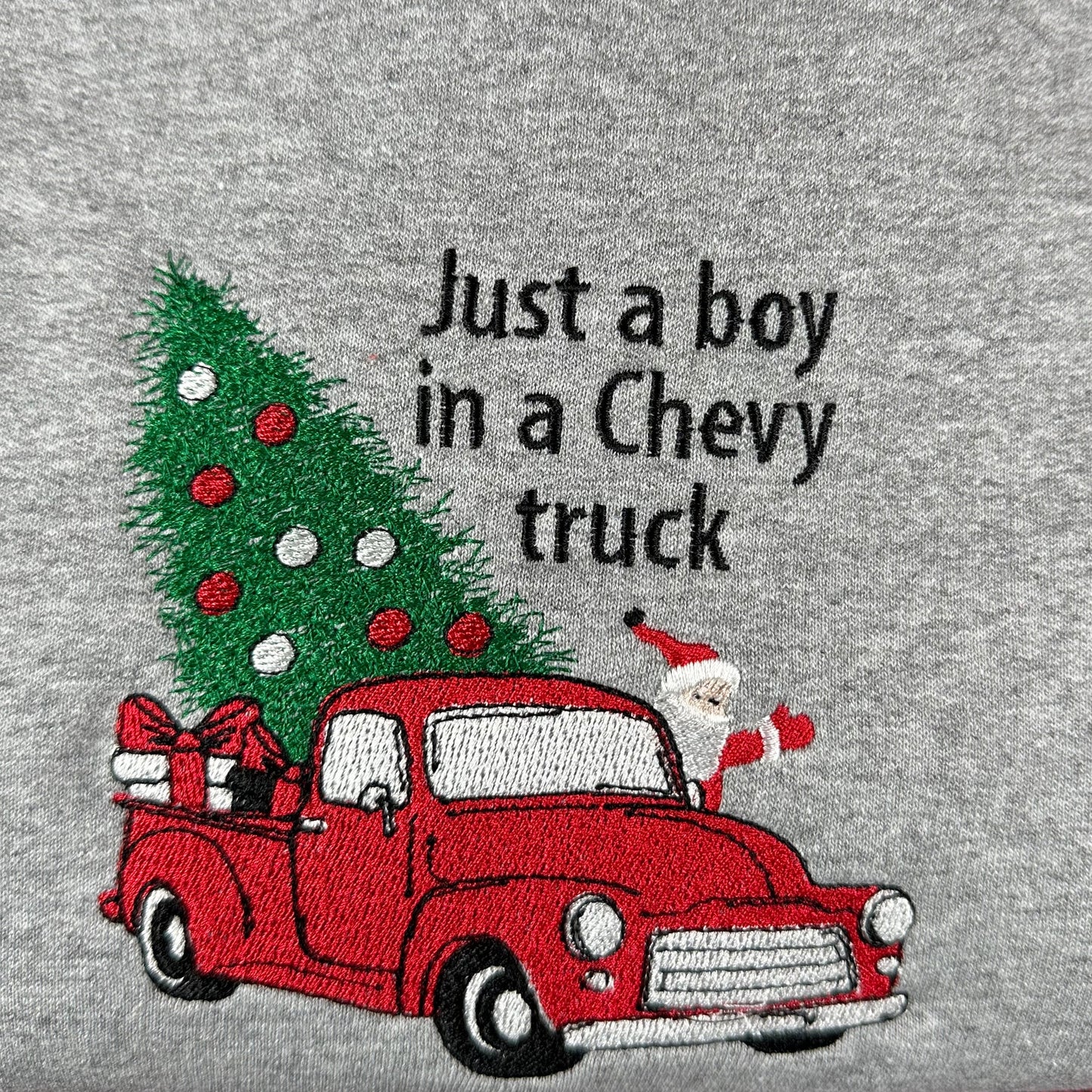 Embroidered Christmas Sweatshirt - Chevy Truck with Santa Hauling Christmas Tree