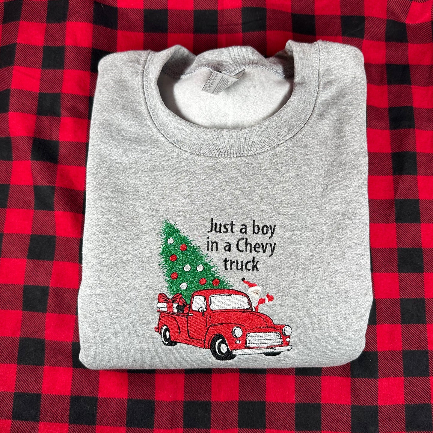 Embroidered Christmas Sweatshirt - Chevy Truck with Santa Hauling Christmas Tree