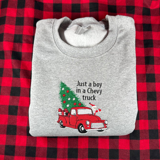 Embroidered Christmas Sweatshirt - Chevy Truck with Santa Hauling Christmas Tree