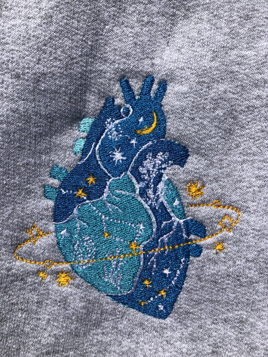 Heart of the Universe Embroidered Crewneck | Anatomical Heart Handmade Sweatshirt | Galaxy Crewneck