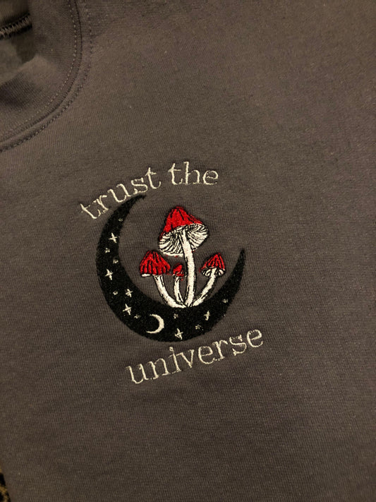 Trust the universe embroidered sweatshirt | Bohemian embroidered sweatshirt with moon, stars, and mushrooms