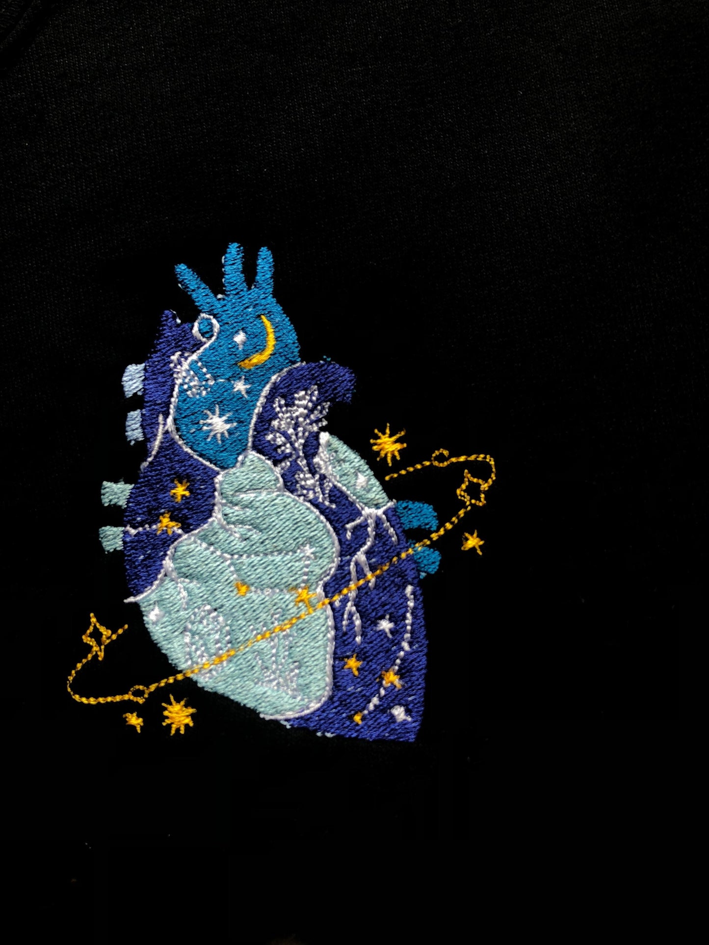 Heart of the Universe Embroidered Black Crewneck | Anatomical Heart Handmade Sweatshirt | Galaxy Crewneck