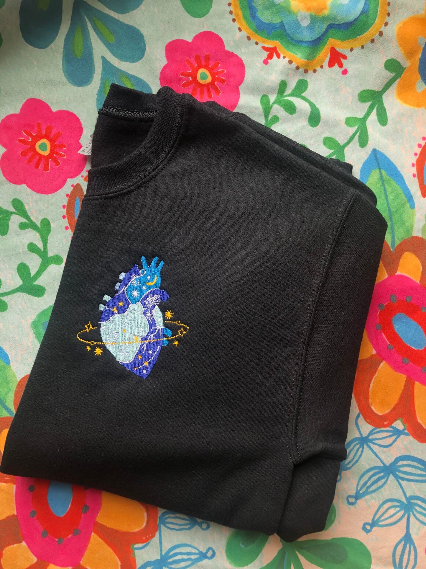 Heart of the Universe Embroidered Black Crewneck | Anatomical Heart Handmade Sweatshirt | Galaxy Crewneck