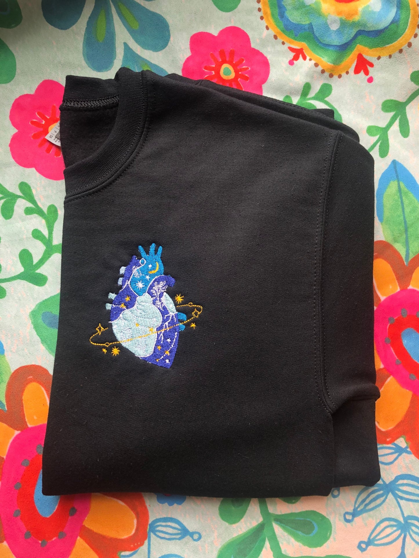 Heart of the Universe Embroidered Black Crewneck | Anatomical Heart Handmade Sweatshirt | Galaxy Crewneck