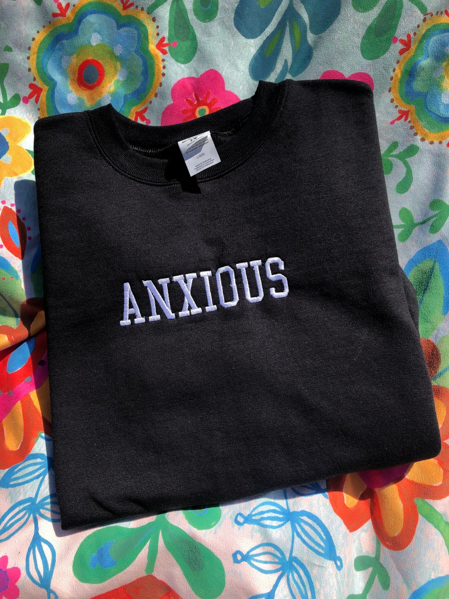 Black & White Anxious embroidered sweatshirt | Anxiety Crewneck | Mental Health sweatshirt | affirmations on sleeve, I am safe, I am loved