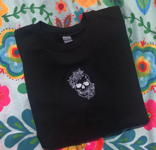 Skull with Flowers Embroidered Crewneck