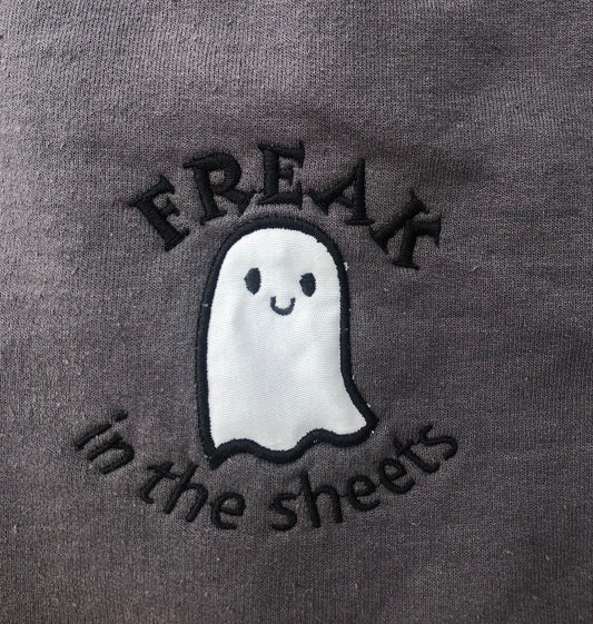 Freak in the sheets Ghost Halloween Crewneck | Halloween Sweatshirt with Cute Ghost | Trendy Halloween Embroidered Sweatshirt