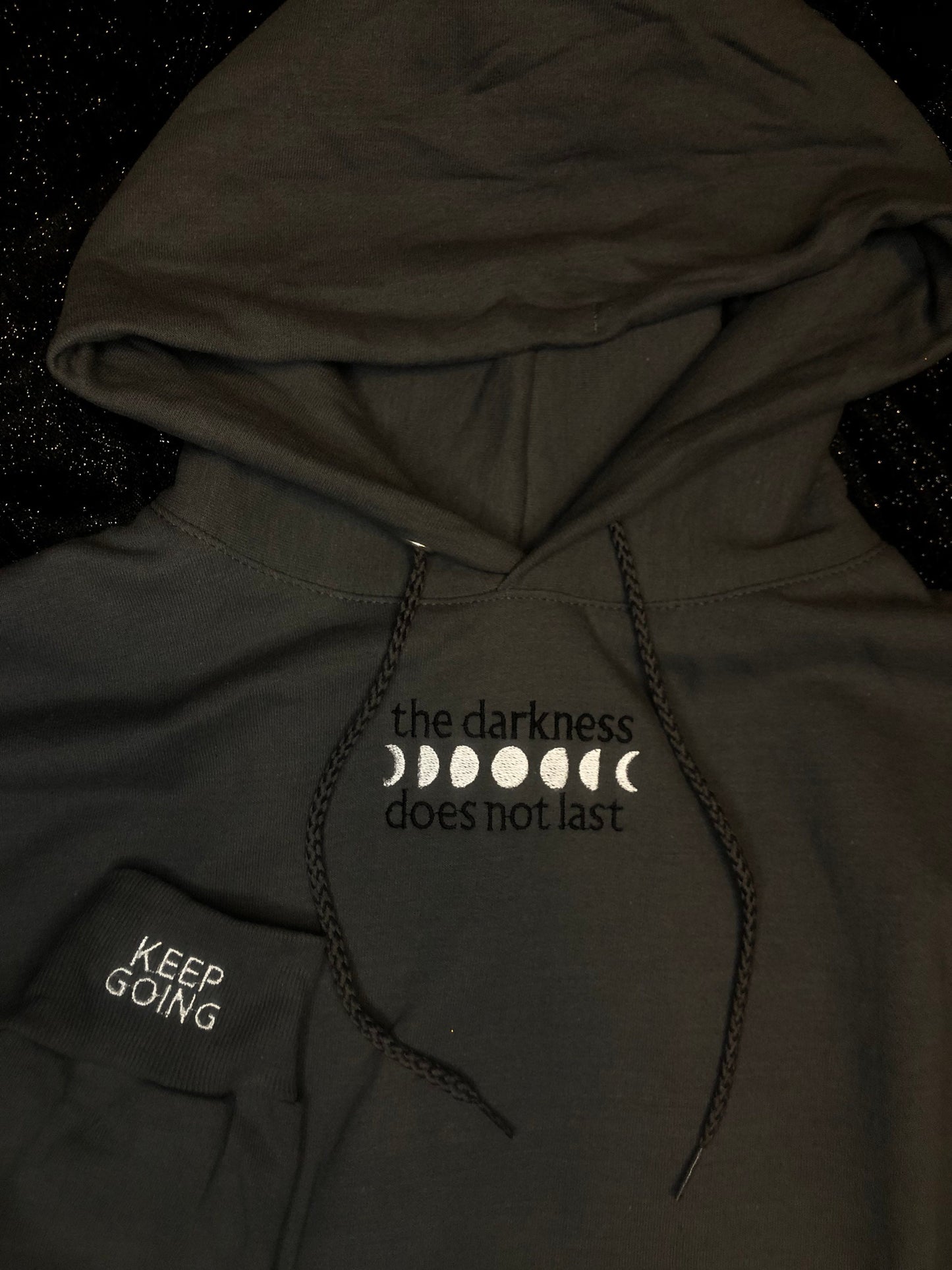 The darkness does not last moon phase hoodie | Anxiety/Depression sweatshirt| Mental Health sweatshirt | affirmation on sleeve - keep going