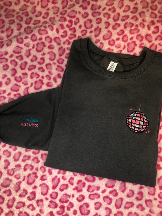 Don’t Panic, Just Disco pink embroidered disco ball sweatshirt with anxiety affirmation on sleeve