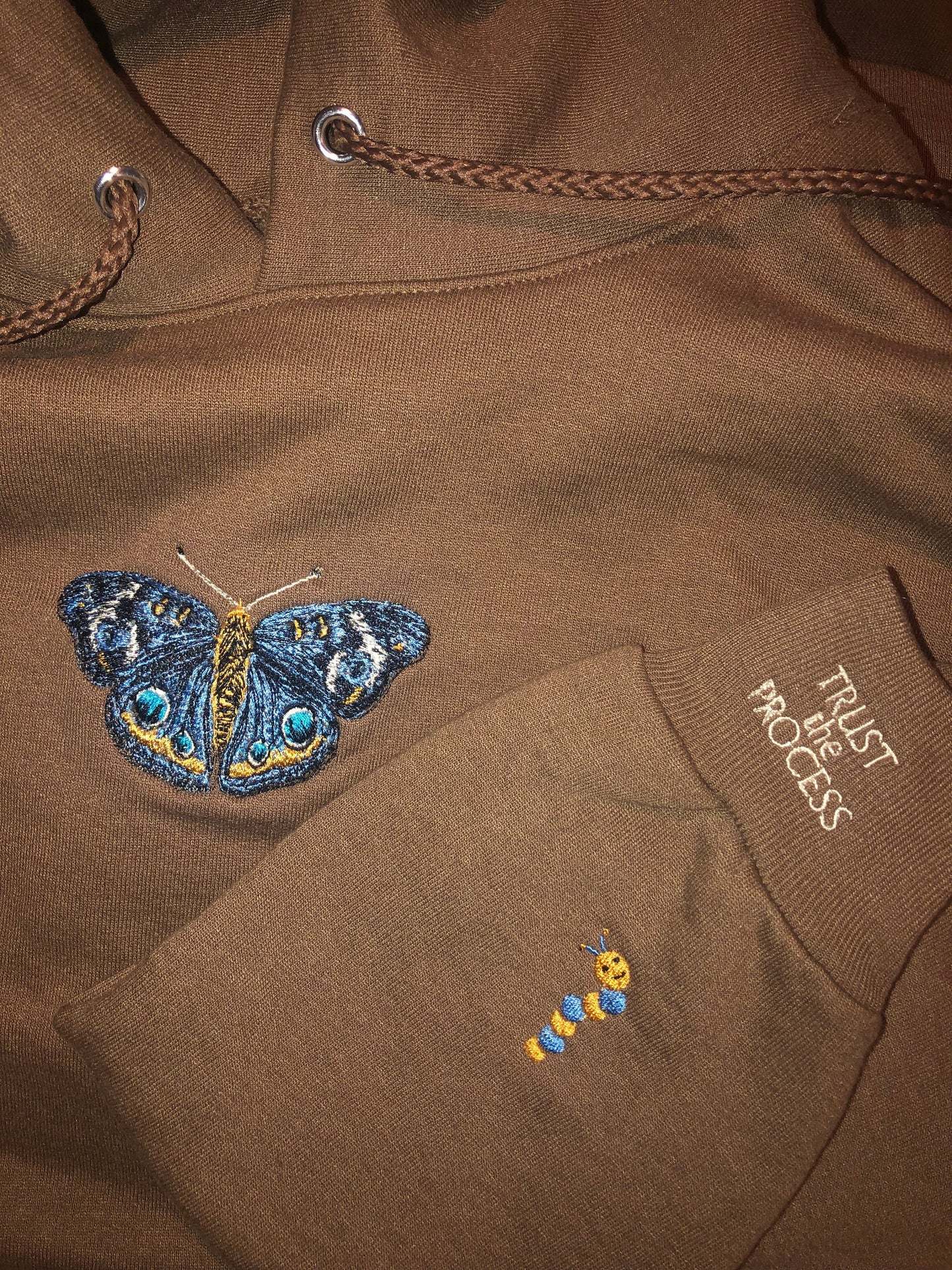 Trust the Process embroidered caterpillar and butterfly hoodie | Nature blue butterfly sweatshirt | embrace change hoodie