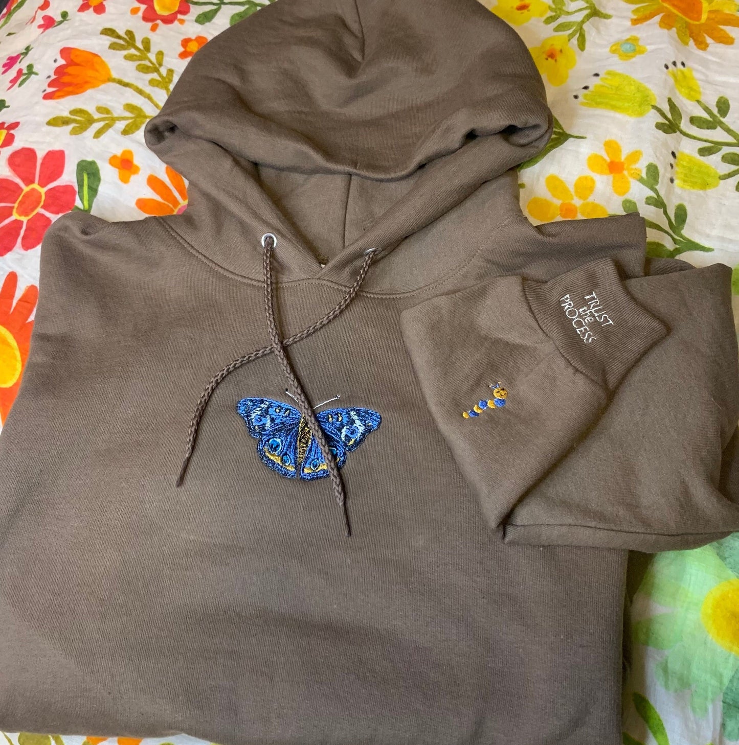 Trust the Process embroidered caterpillar and butterfly hoodie | Nature blue butterfly sweatshirt | embrace change hoodie