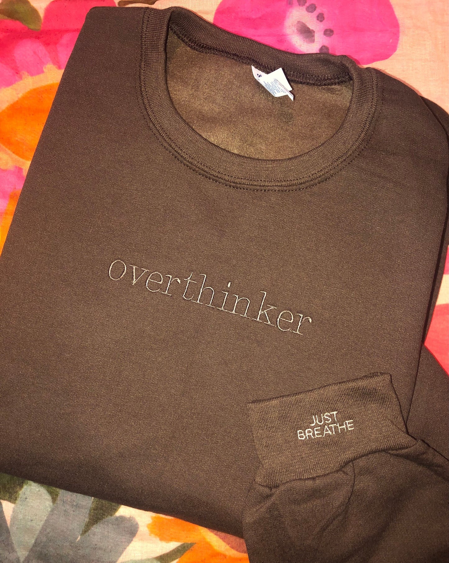 Overthinker monochrome embroidered sweatshirt | Anxiety Crewneck | Mental Health sweatshirt | reminders on sleeve- just breathe