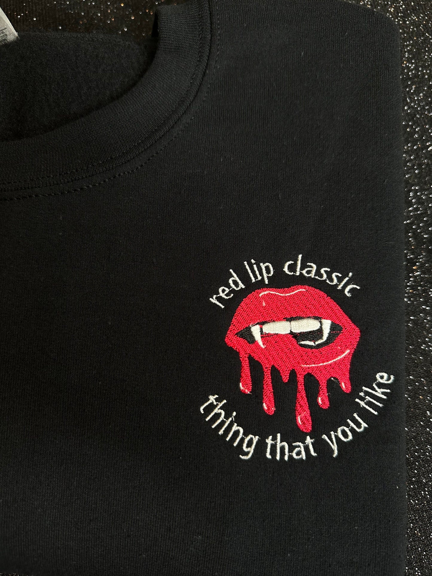 Halloween Era | Red Lip Classic Thing That You Like Vampire Embroidered Crewneck | Witch Embroidered Crewneck | Lyric Sweatshirt